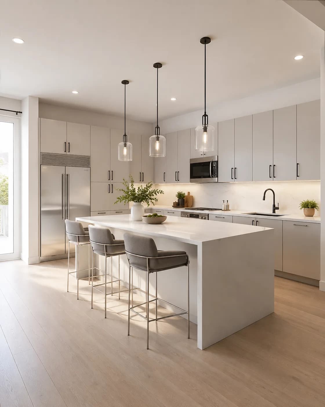 Bright modern kitchen with a white island, pendant lights, and stainless appliances