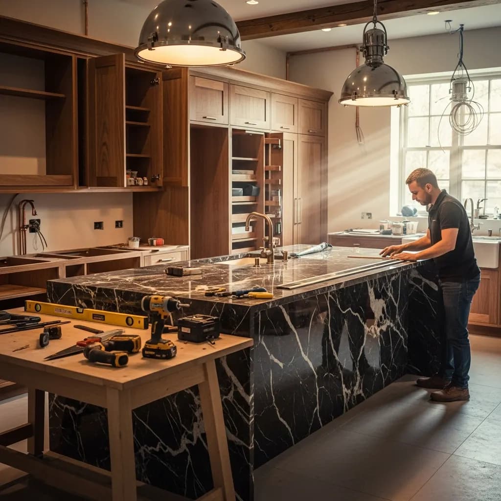 Contractor walking a homeowner through a kitchen remodel plan