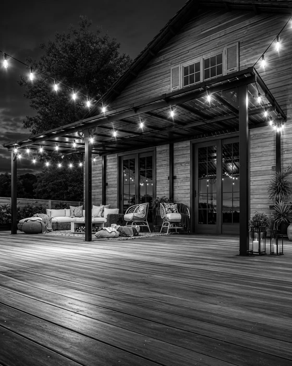 Composite deck with pergola and string lighting at dusk