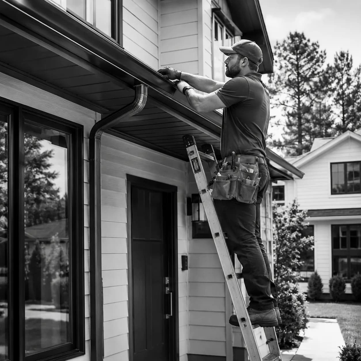 Contractor on a ladder installing new gutters on a home exterior