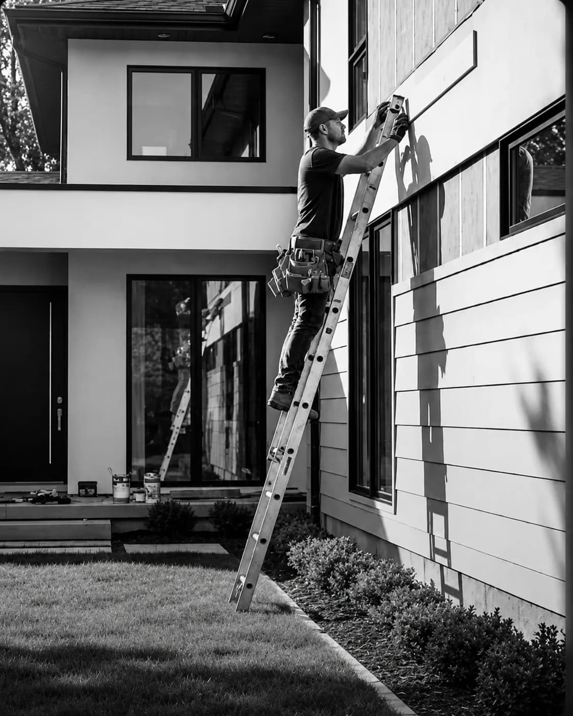 Contractor on a ladder installing new siding on a modern home