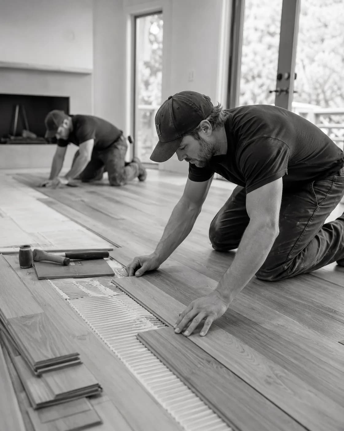Installers laying hardwood flooring in a living room
