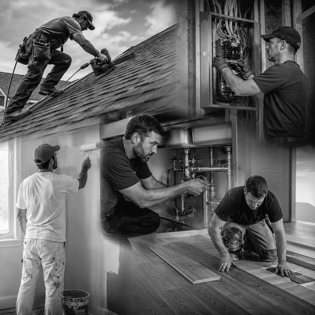 Collage of trades — roofing, electrical, plumbing, painting, and flooring