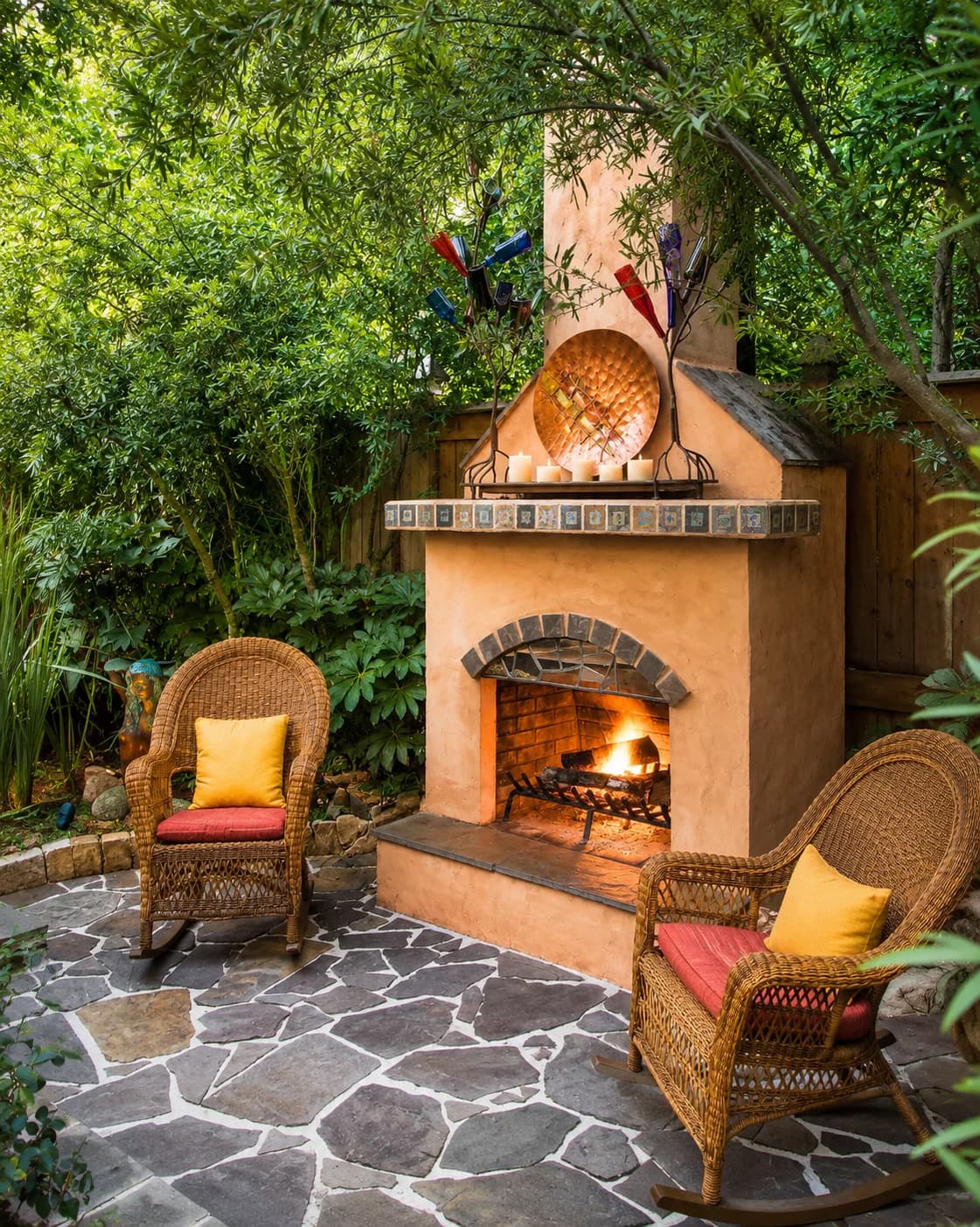 Outdoor fireplace with stone patio and wicker seating