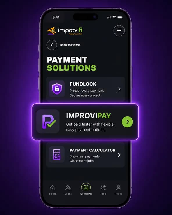 ImproviPay highlighted in the Payment Solutions menu of the Improvifi app