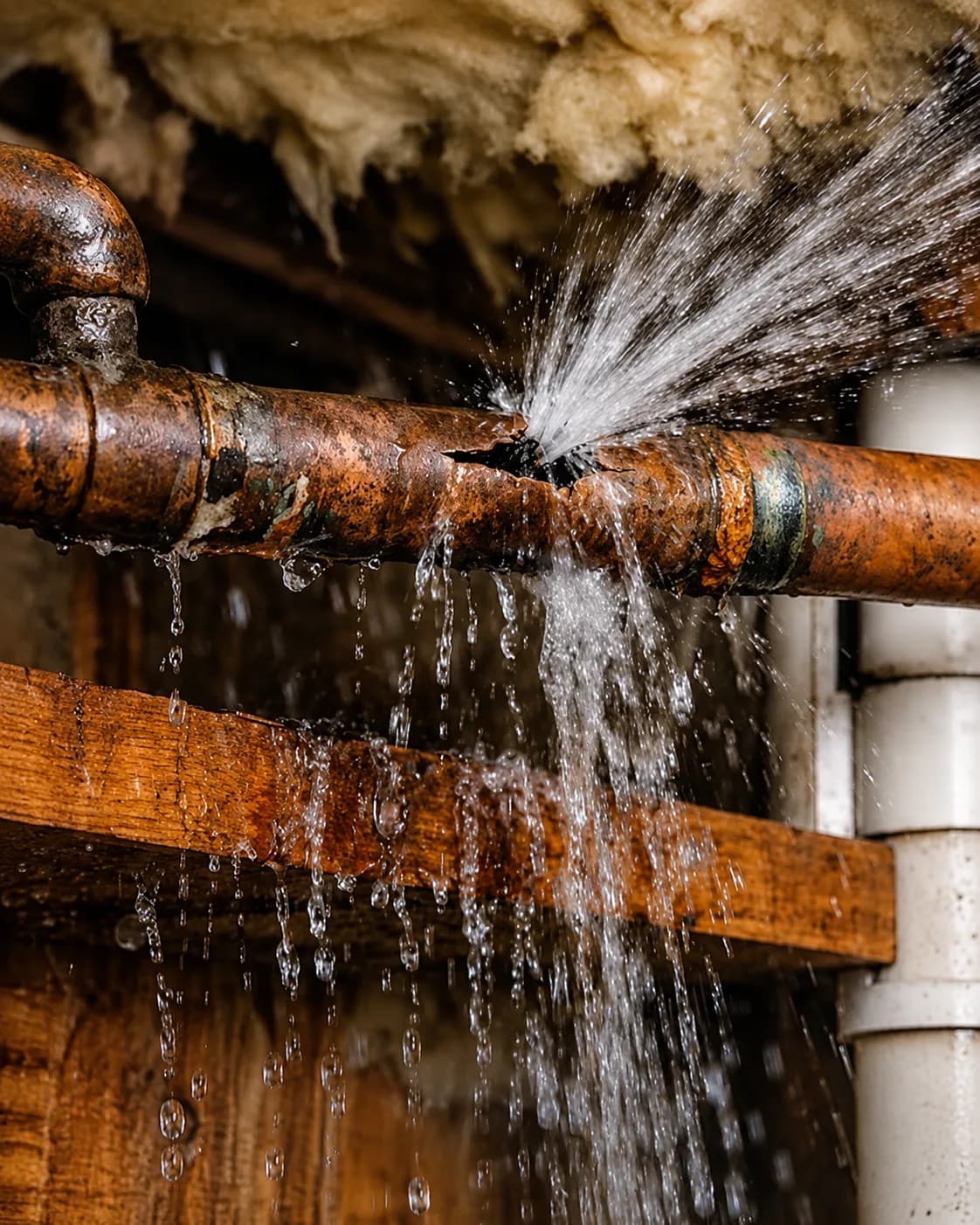 Burst copper pipe spraying water inside a wall cavity