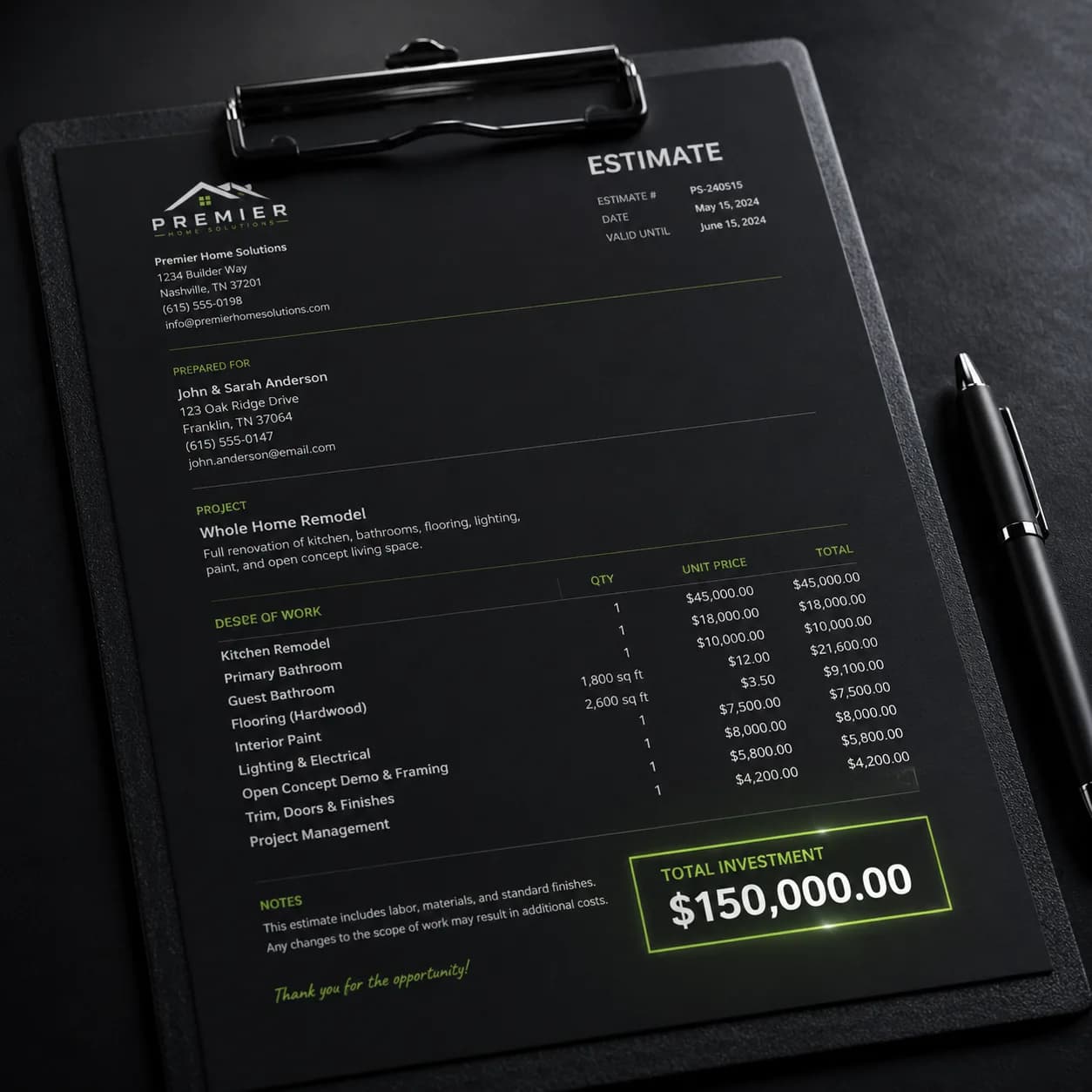 A five-figure project estimate presented to a homeowner