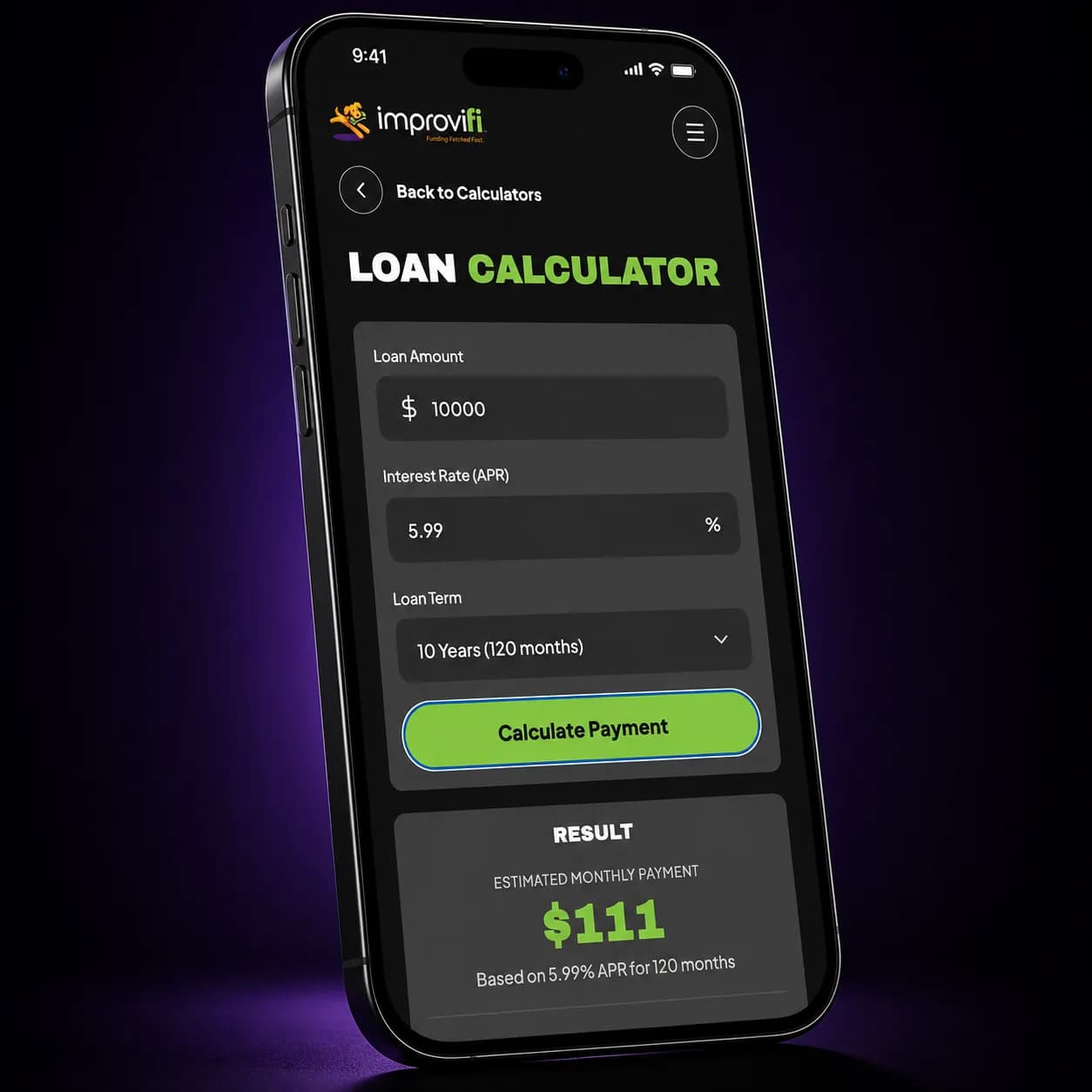 Improvifi App loan calculator showing an estimated monthly payment
